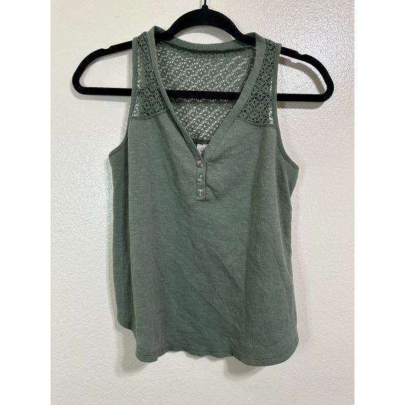 Self Esteem BOHO Lace Sleeveless Tank Olive Green Deep V Button Neckline Size S - Picture 3 of 3